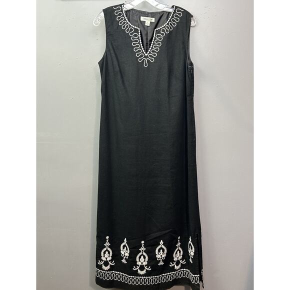Coldwater Creek Dress Womens 10 Black White‎ Embroidered Linen Sleeveless Midi - Picture 1 of 9